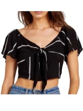 NWT VOLCOM Coco Tie Front Crop Top Black White Stripe L